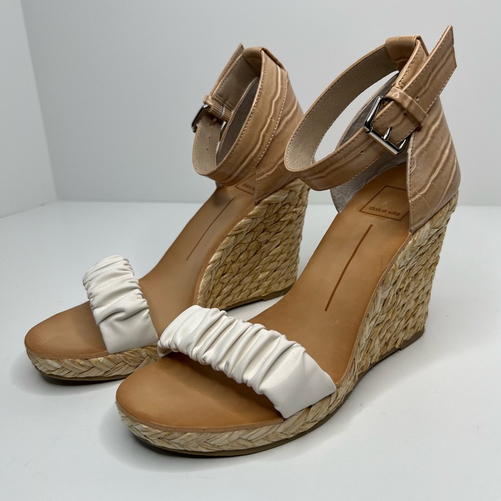 Dolce Vita Nilton Espadrille Wedge Heels Sandals in Tan and White Leather Size 8